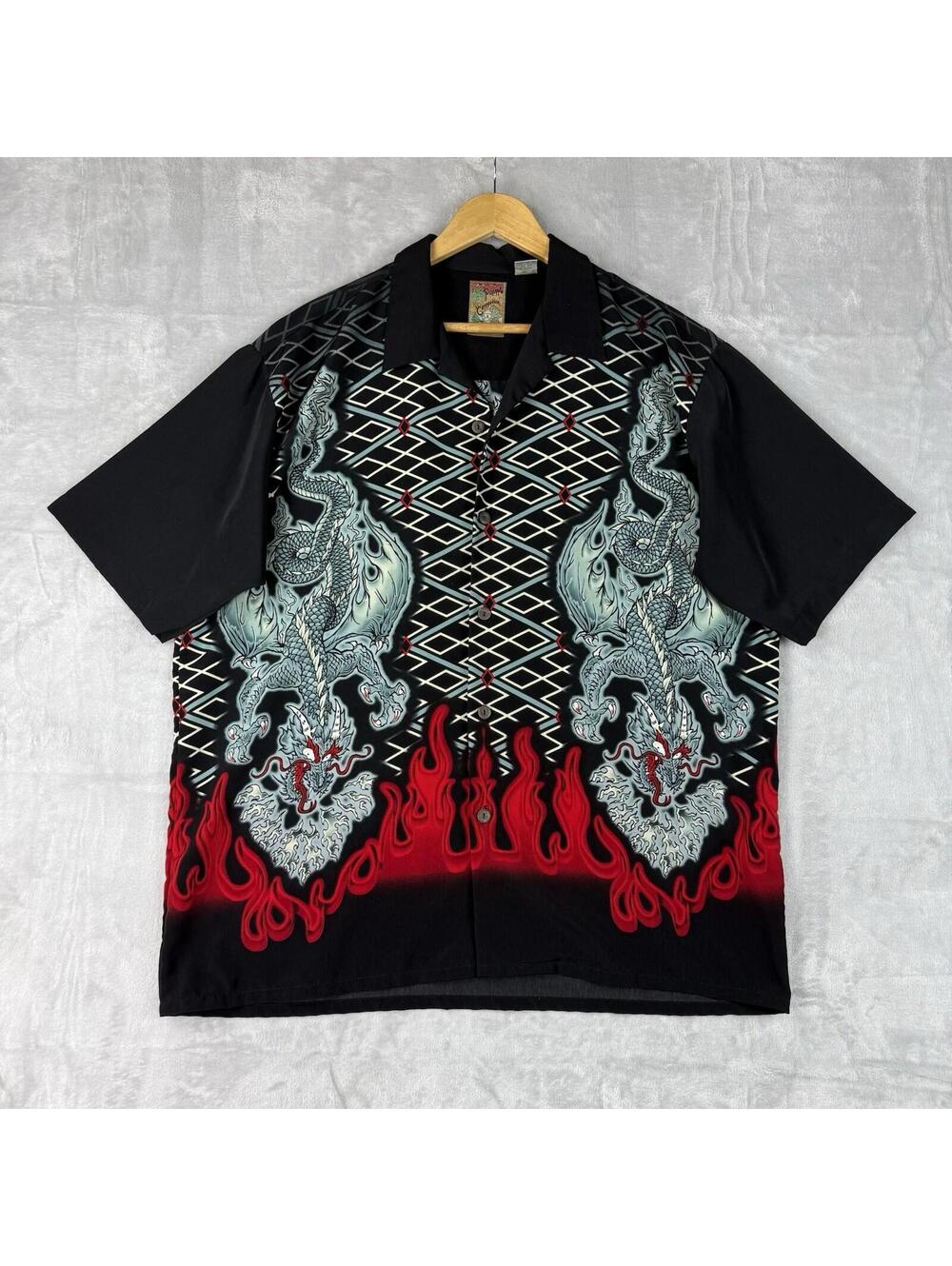 Pineapple Connection Button Up Shirt Mens Hawaiian Dragon Flames Y2K Size XL VTG